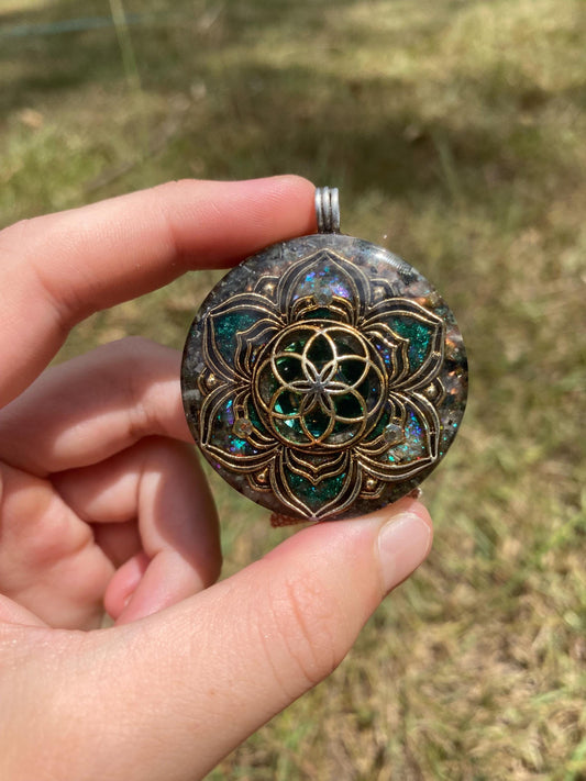 Seed of Life Mandala. Orgone Pendant Necklace. Made w Elite Shungite, Moss Agate. Powerful. EMF Protection. 5G Protection. TENSOR RING.