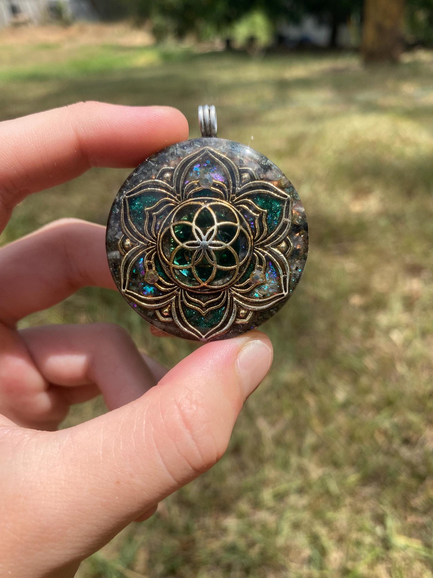 Seed of Life Mandala. Orgone Pendant Necklace. Made w Elite Shungite, Moss Agate. Powerful. EMF Protection. 5G Protection. TENSOR RING.