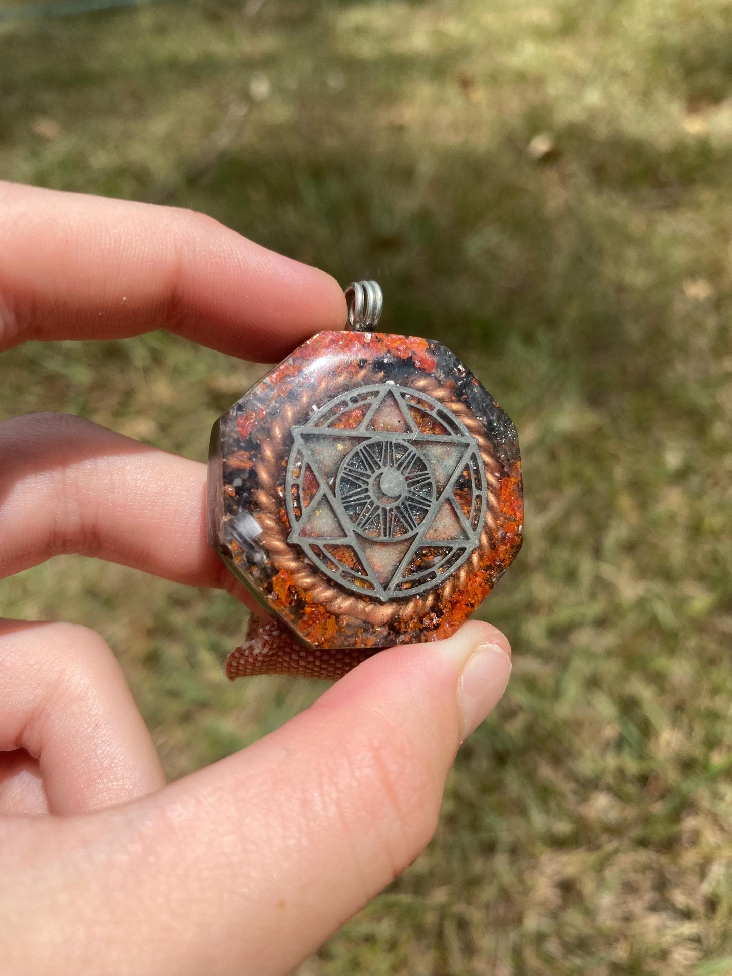 Merkaba. Orgone Pendant Necklace. Made w Elite Shungite, Crocoite and Tensor Ring. Powerful. EMF Protection.
