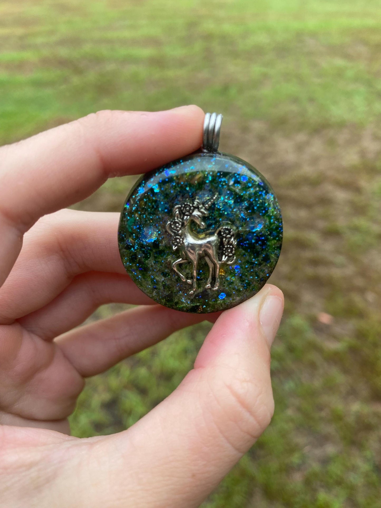 Unicorn. Orgone Pendant Necklace. Made w Elite Shungite, Selenite, 24ct Gold & Green Goldstone. Powerful. EMF Protection.