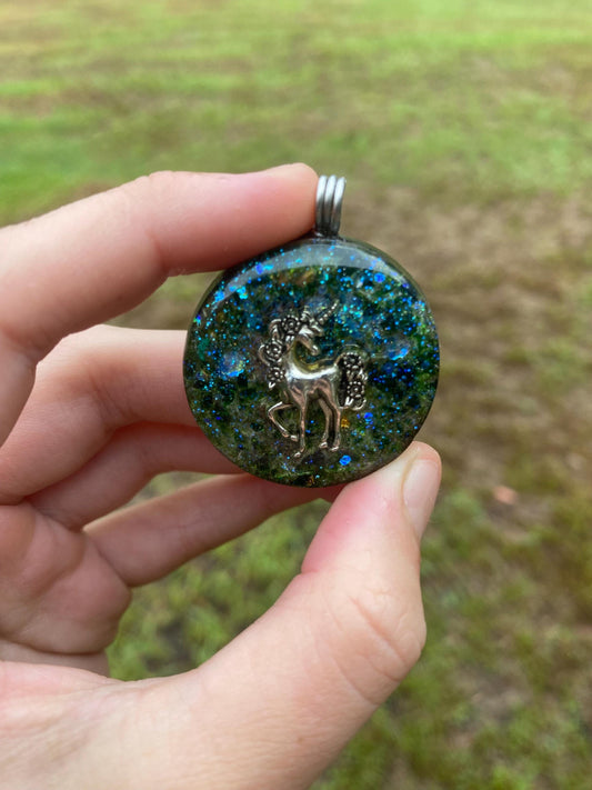 Unicorn. Orgone Pendant Necklace. Made w Elite Shungite, Selenite, 24ct Gold & Green Goldstone. Powerful. EMF Protection.
