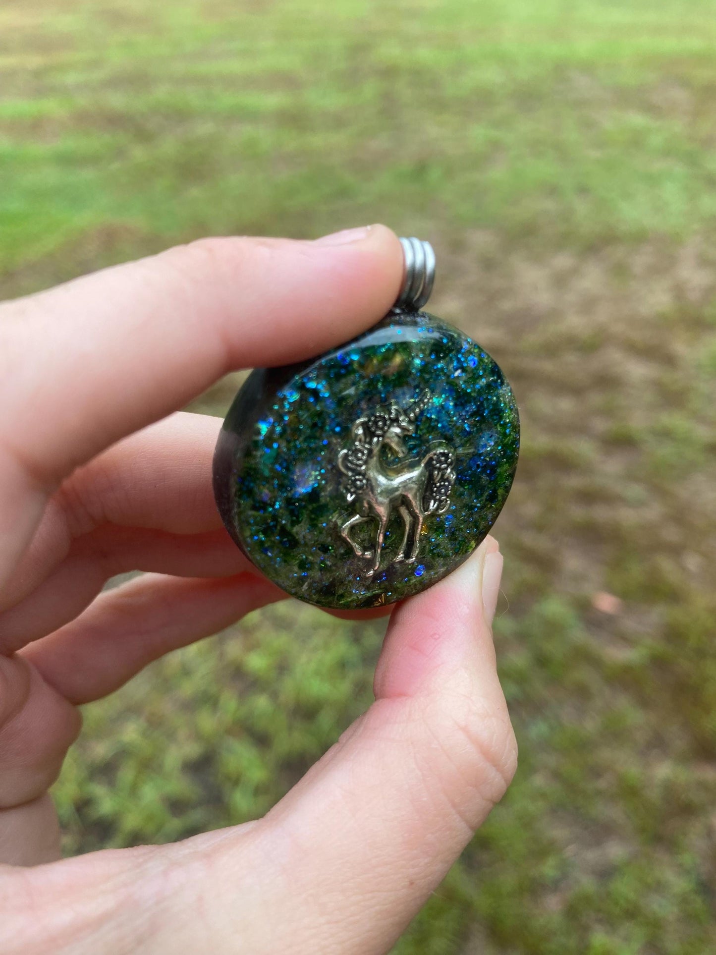 Unicorn. Orgone Pendant Necklace. Made w Elite Shungite, Selenite, 24ct Gold & Green Goldstone. Powerful. EMF Protection.