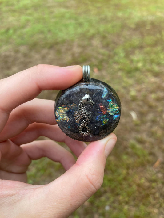 Seahorse, Orgone Pendant Necklace. Made w Elite Shungite, Blue Aventurine & Tensor Ring. Powerful. 5G Protection.