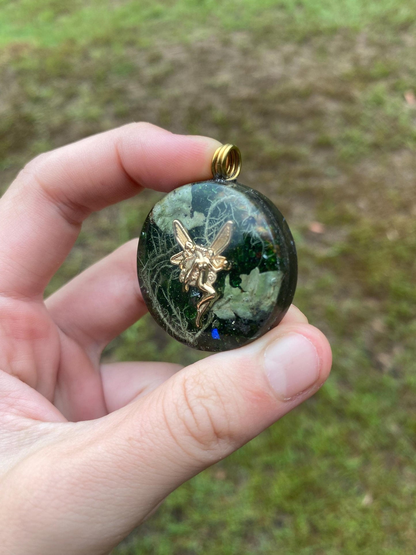 Celtic Fairy. Orgone Pendant Necklace. Made w Elite Shungite, Selenite & Green Goldstone. Powerful. EMF Protection.