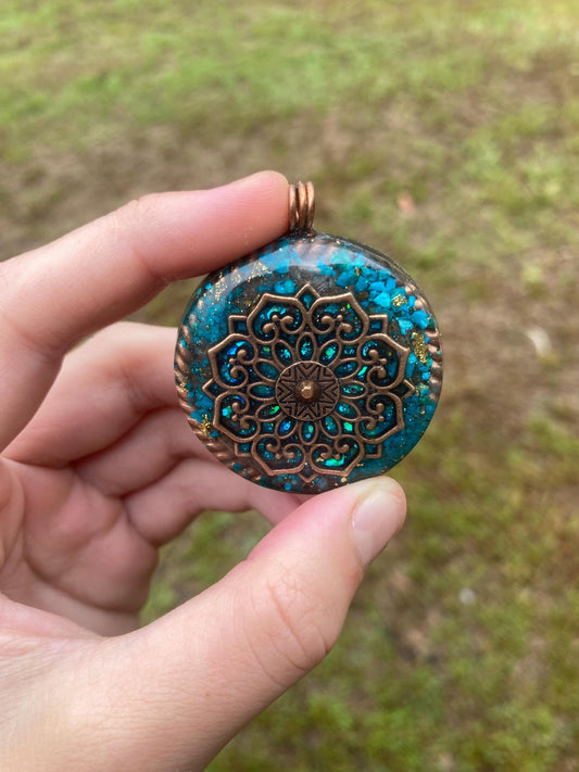 Boho Mandala. Orgone Pendant Necklace. Made w Elite Shungite, chryscolla, 24ct Gold & Tensor Ring. Powerful. 5G Protection.