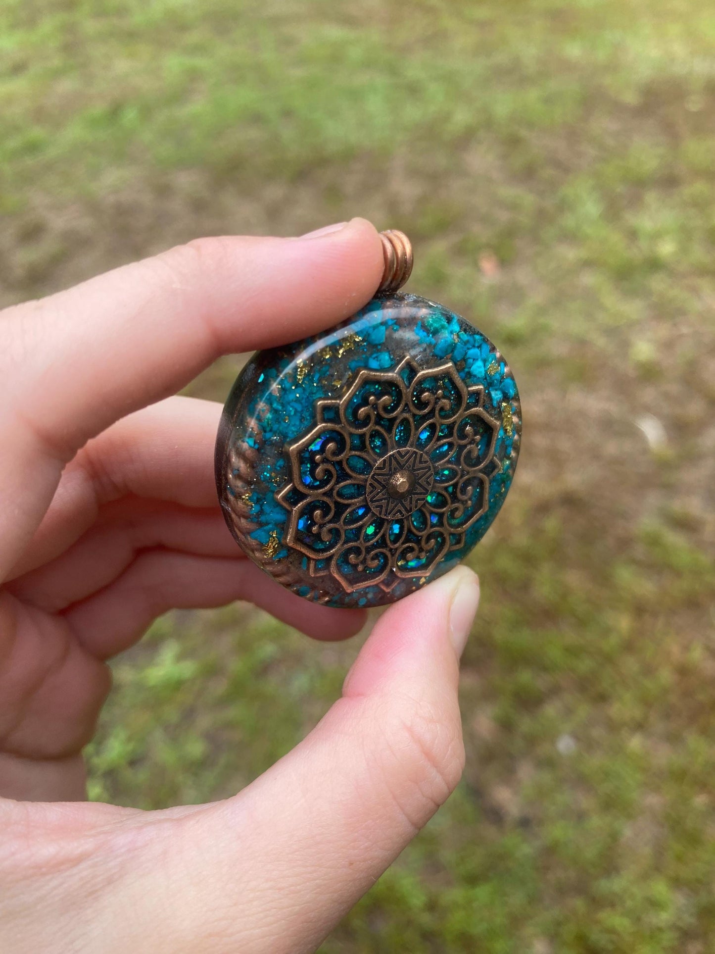 Boho Mandala. Orgone Pendant Necklace. Made w Elite Shungite, chryscolla, 24ct Gold & Tensor Ring. Powerful. 5G Protection.