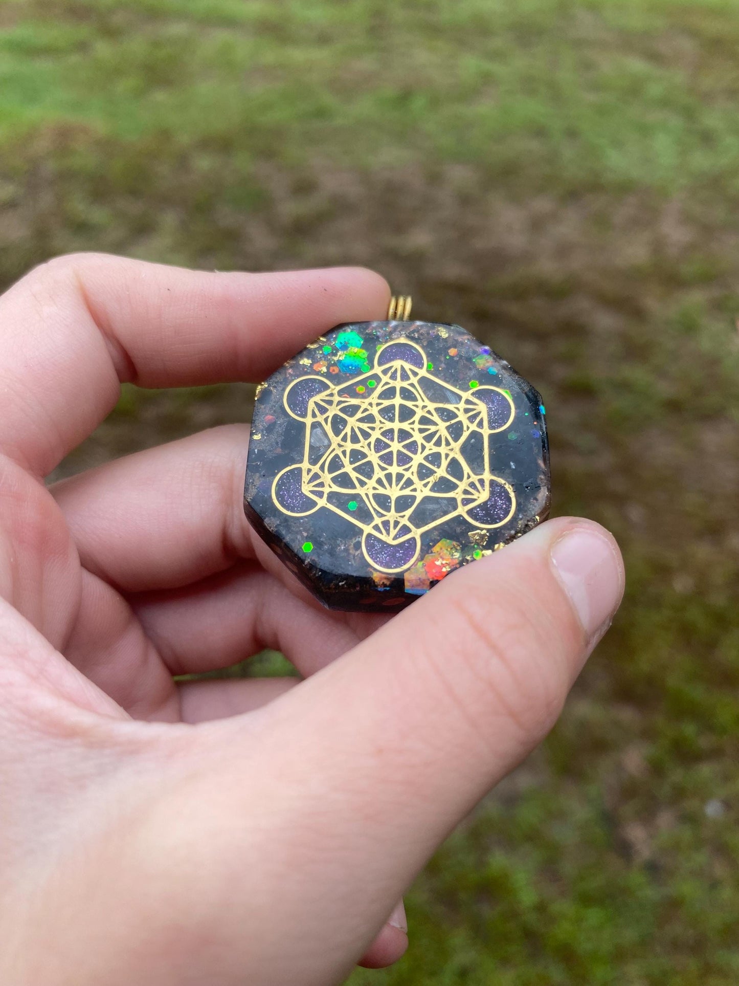 Metatrons Cube, Pendant Necklace. Made w Elite Shungite, Selenite and Mica. Powerful. EMF 5g Protection. TENSOR RING and 24ct Gold. Fin