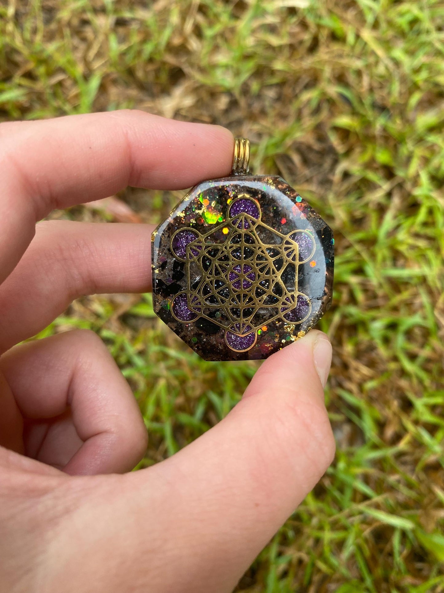 Metatrons Cube, Pendant Necklace. Made w Elite Shungite, Selenite and Mica. Powerful. EMF 5g Protection. TENSOR RING and 24ct Gold. Fin