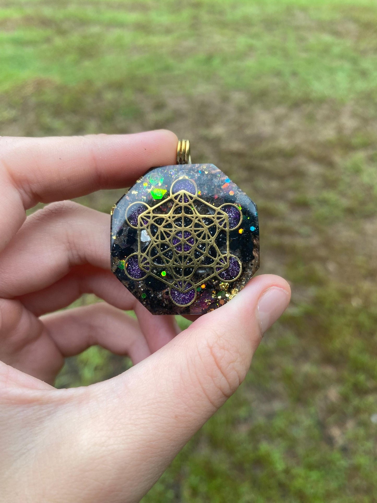 Metatrons Cube, Pendant Necklace. Made w Elite Shungite, Selenite and Mica. Powerful. EMF 5g Protection. TENSOR RING and 24ct Gold. Fin