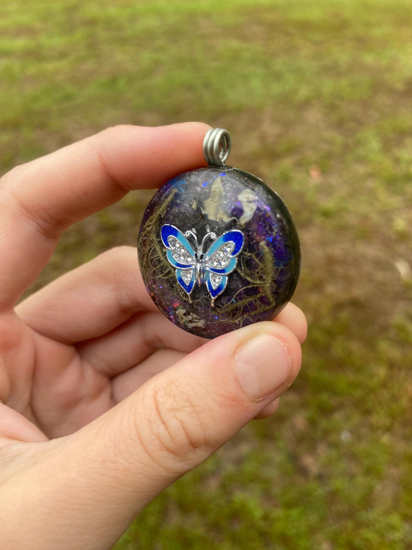 Butterfly, Orgonite Pendant: Shungite, Amethyst, Tensor Ring EMF Protection