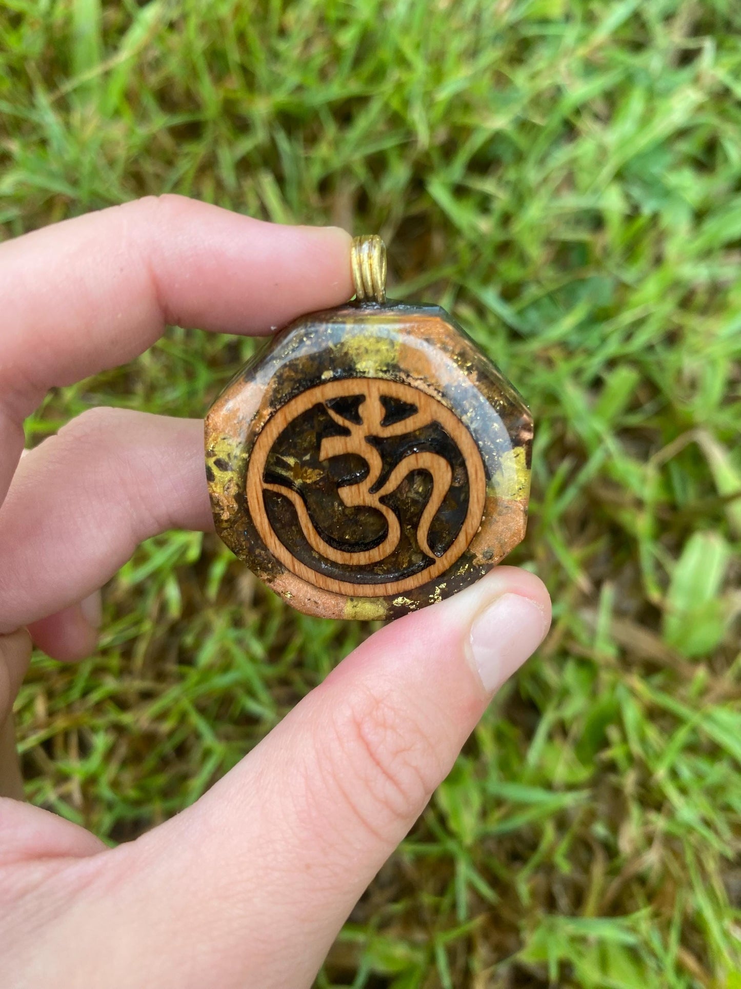 Om. Orgone Pendant Necklace. TENSOR RING. Elite Shungite. Bronzite. EMF, 5G Protection. 24ct gold