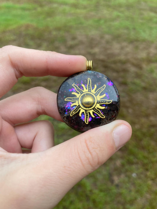 Sun. Pendant Necklace. Made w Elite Shungite. Almandine Garnet. Tensor Ring. EMF Protection. 5G Protection.