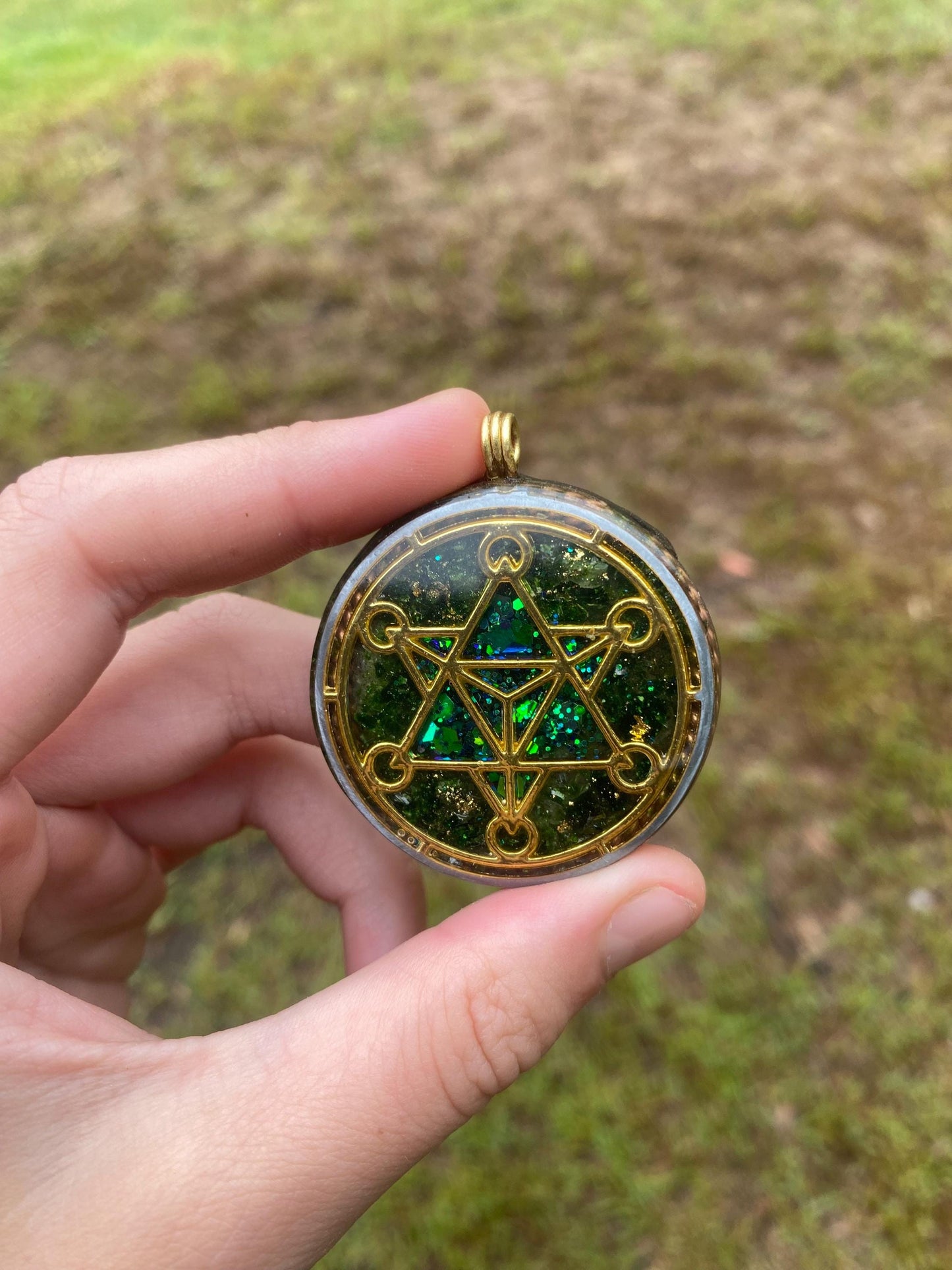 Merkaba. Orgone Pendant Necklace. Made w Elite Shungite, Selenite, 24ct Gold & Green Goldstone. Powerful. EMF Protection.