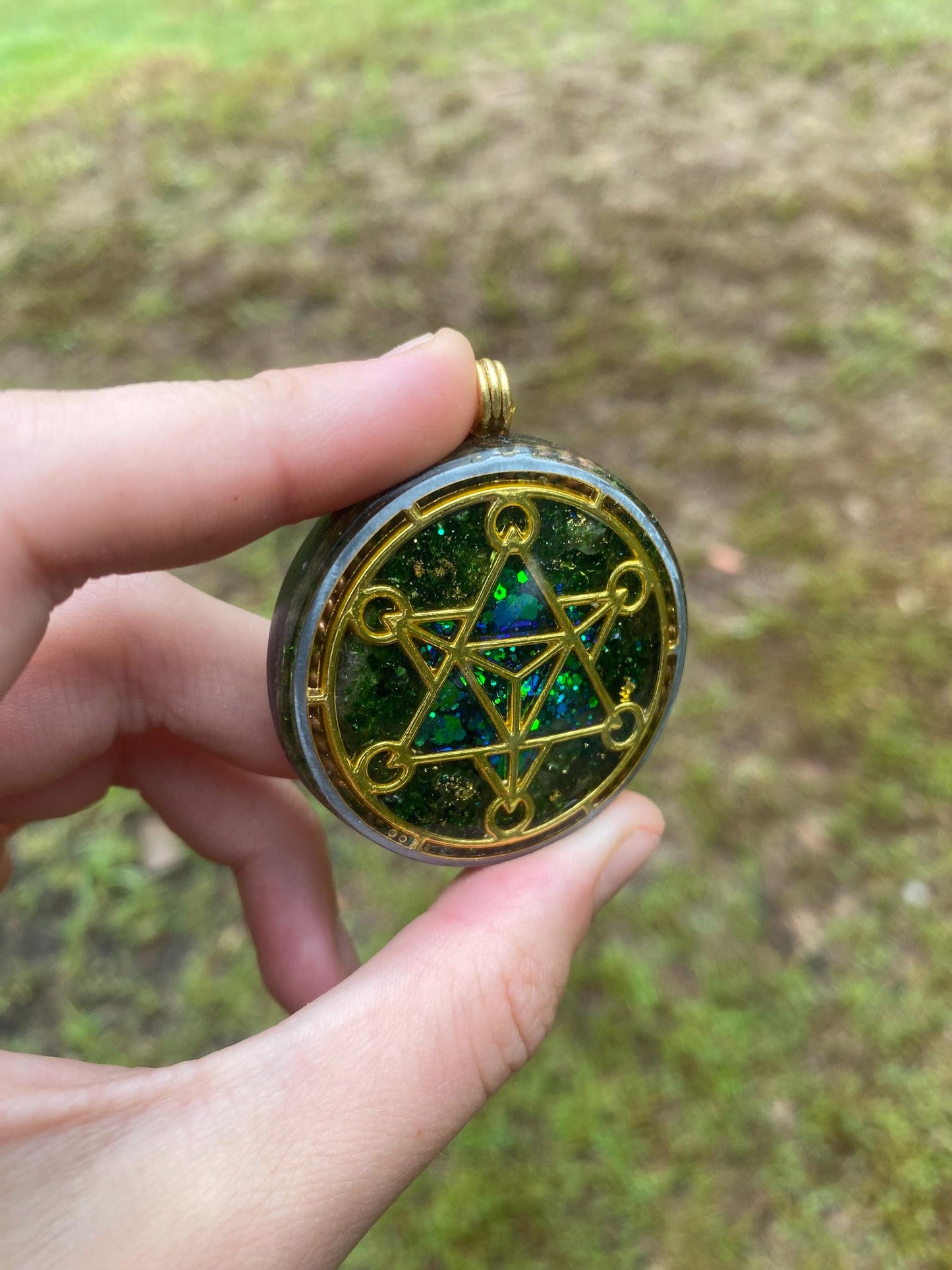 Merkaba. Orgone Pendant Necklace. Made w Elite Shungite, Selenite, 24ct Gold & Green Goldstone. Powerful. EMF Protection.