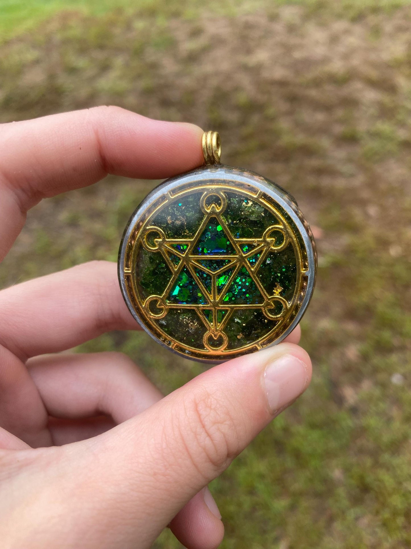 Merkaba. Orgone Pendant Necklace. Made w Elite Shungite, Selenite, 24ct Gold & Green Goldstone. Powerful. EMF Protection.