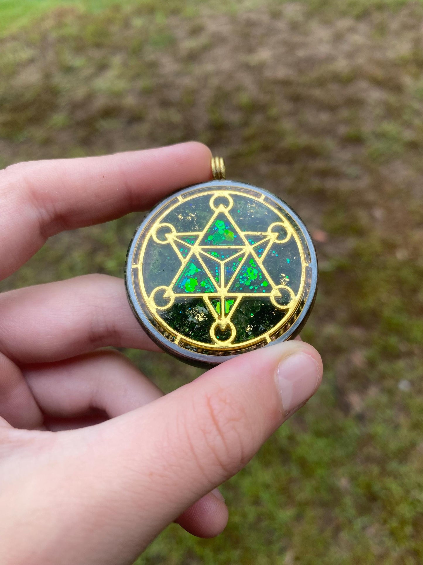 Merkaba. Orgone Pendant Necklace. Made w Elite Shungite, Selenite, 24ct Gold & Green Goldstone. Powerful. EMF Protection.