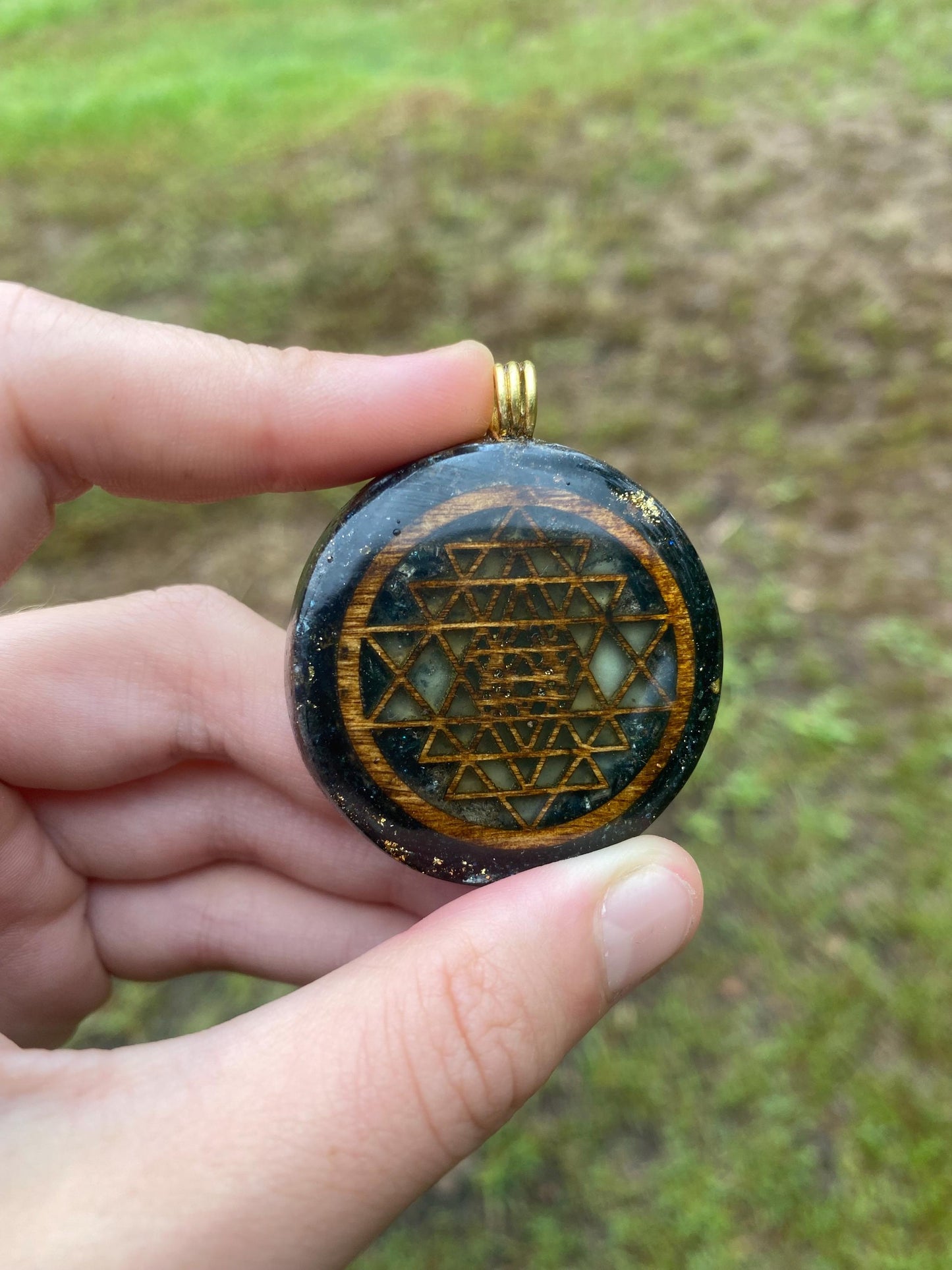 Sri Yantra. Orgone Pendant Necklace. Made w Elite Shungite, Vivianite & Tensor Ring. Powerful. 5G Protection.