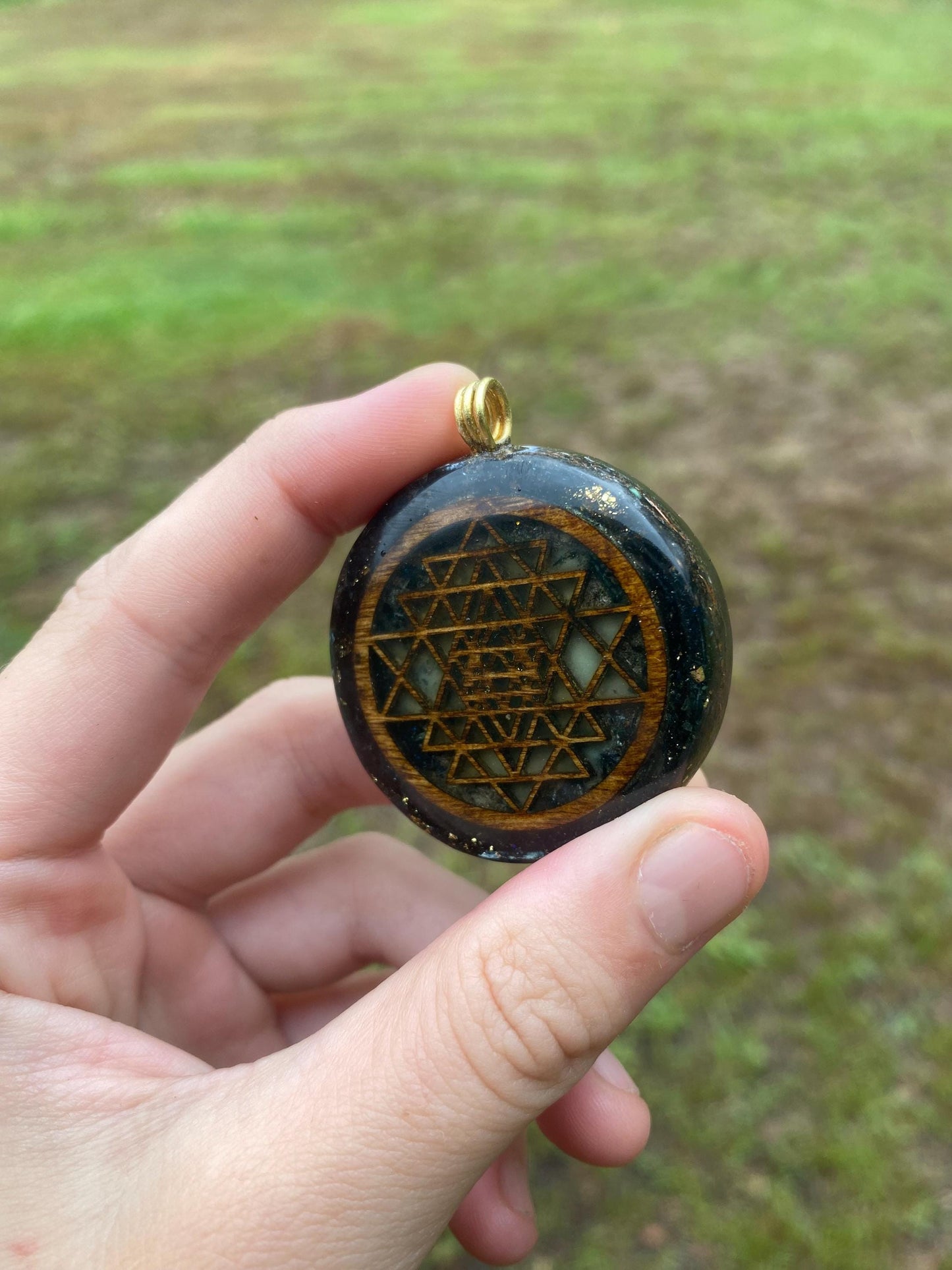Sri Yantra. Orgone Pendant Necklace. Made w Elite Shungite, Vivianite & Tensor Ring. Powerful. 5G Protection.