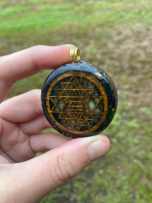 Sri Yantra. Orgone Pendant Necklace. Made w Elite Shungite, Vivianite & Tensor Ring. Powerful. 5G Protection.