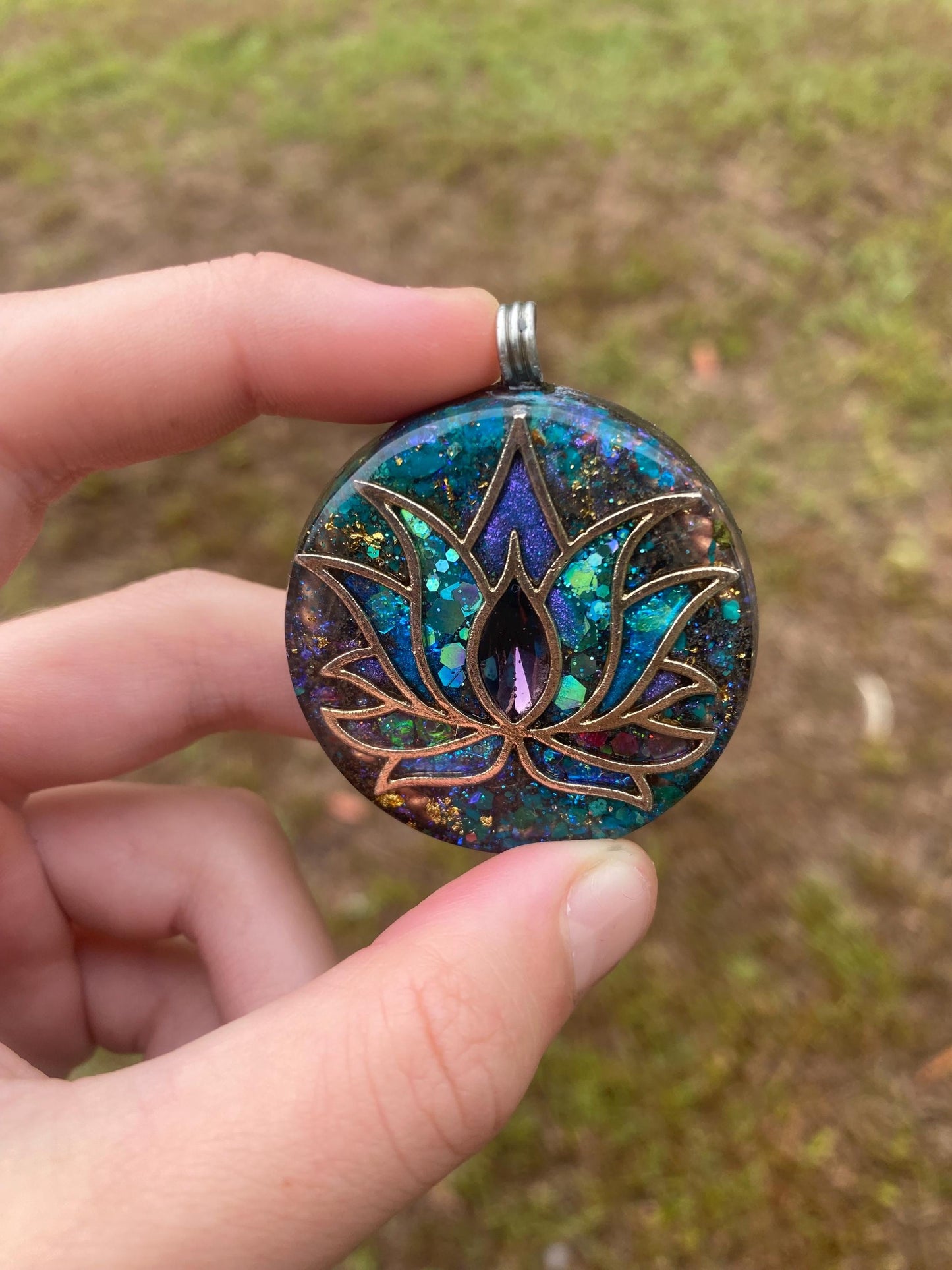 Lotus. Orgone Pendant Necklace. Made w Elite Shungite, chryscolla, 24ct Gold & Tensor Ring. Powerful. 5G Protection.