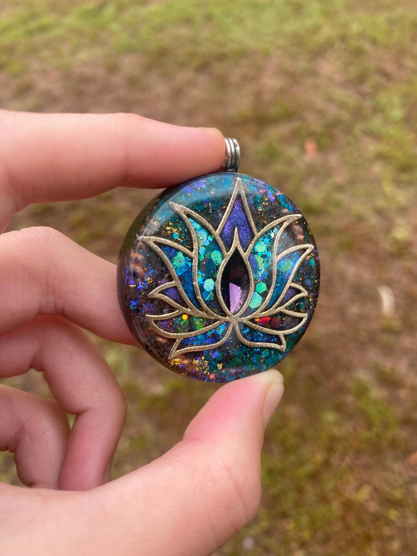 Lotus. Orgone Pendant Necklace. Made w Elite Shungite, chryscolla, 24ct Gold & Tensor Ring. Powerful. 5G Protection.