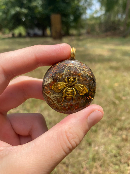 Bee, Orgone Pendant Necklace. TENSOR RING. Elite Shungite, Carnelian, Lichen. 4G and 5G Protection.