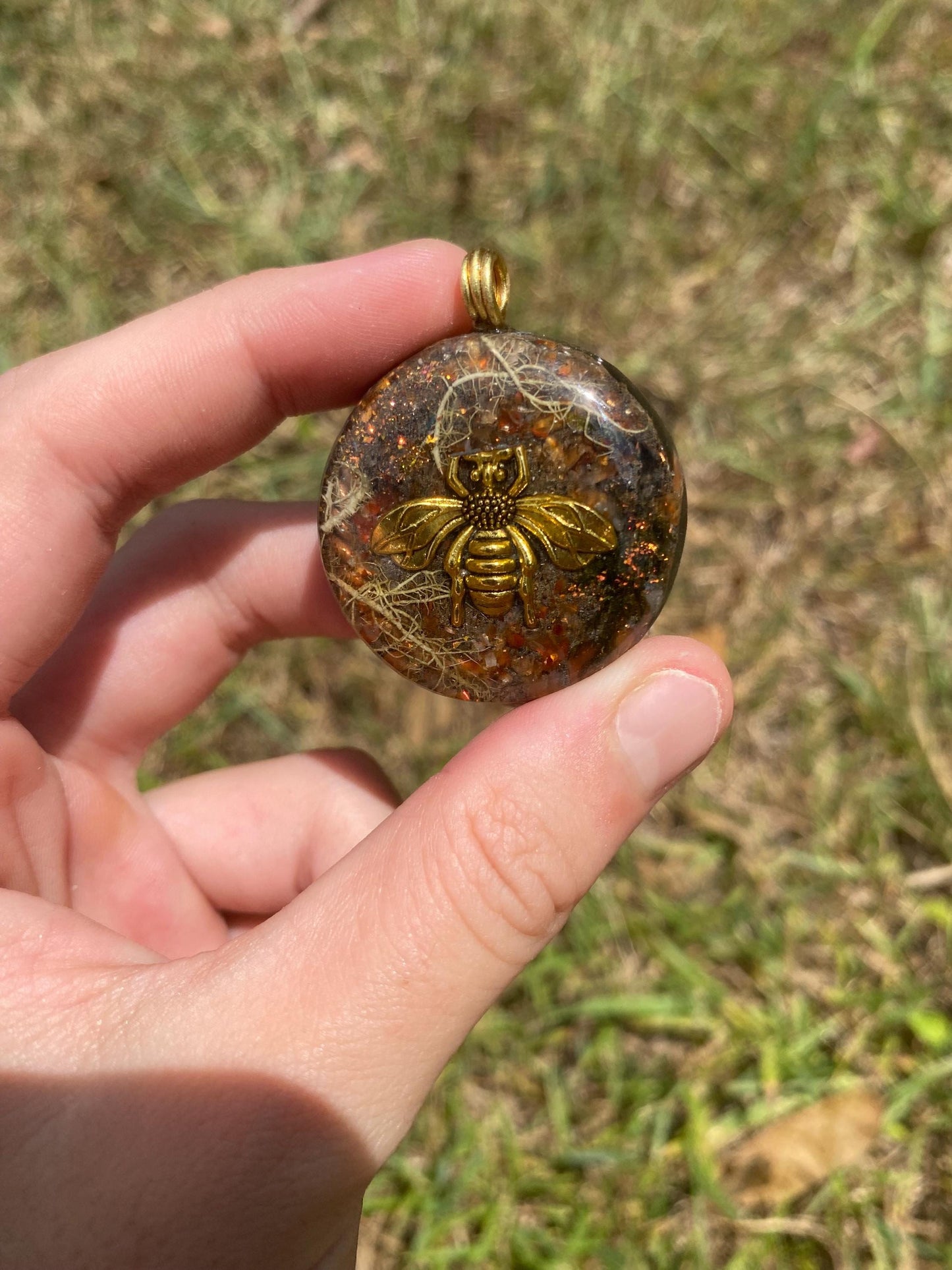 Bee, Orgone Pendant Necklace. TENSOR RING. Elite Shungite, Carnelian, Lichen. 4G and 5G Protection.