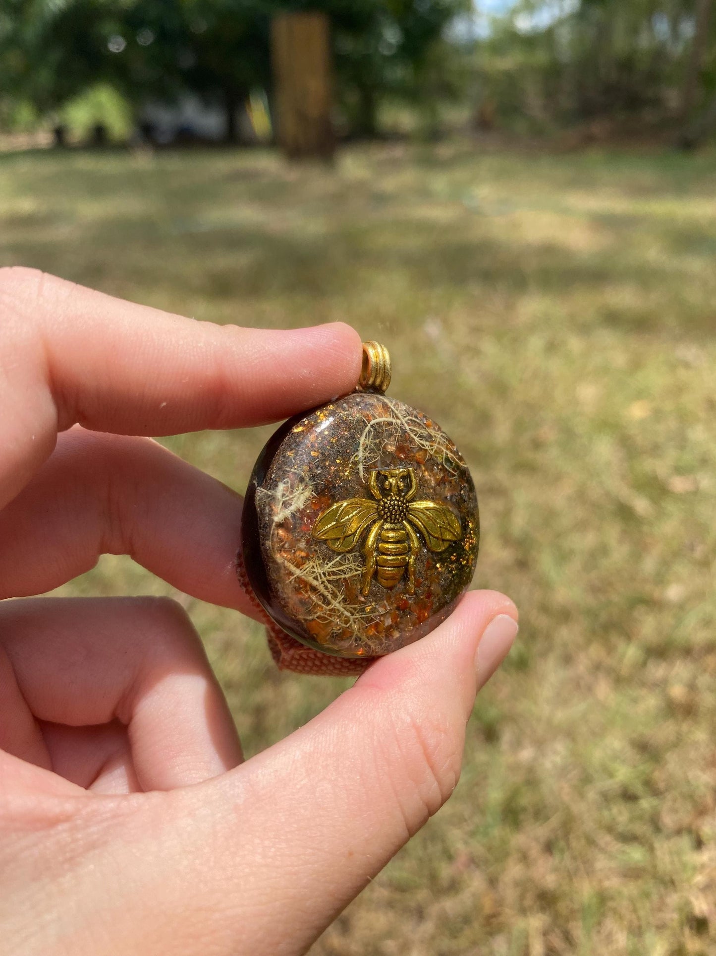Bee, Orgone Pendant Necklace. TENSOR RING. Elite Shungite, Carnelian, Lichen. 4G and 5G Protection.