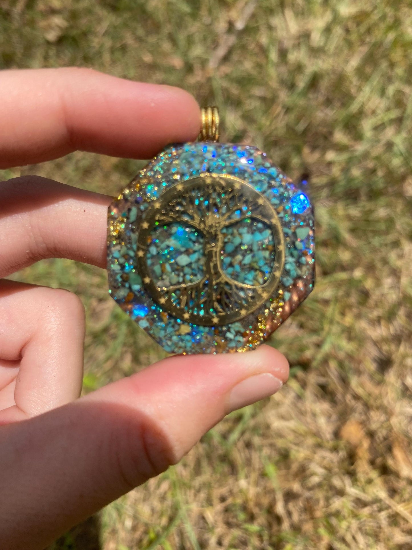 Tree of Life, Orgone Pendant Necklace. Made w Elite Shungite, 25 ct Gold and Turquoise. Tensor Ring. Powerful. EMF 5G Protection.