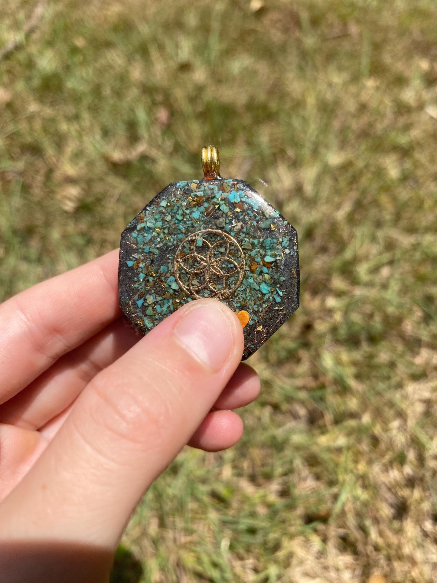 Tree of Life, Orgone Pendant Necklace. Made w Elite Shungite, 25 ct Gold and Turquoise. Tensor Ring. Powerful. EMF 5G Protection.