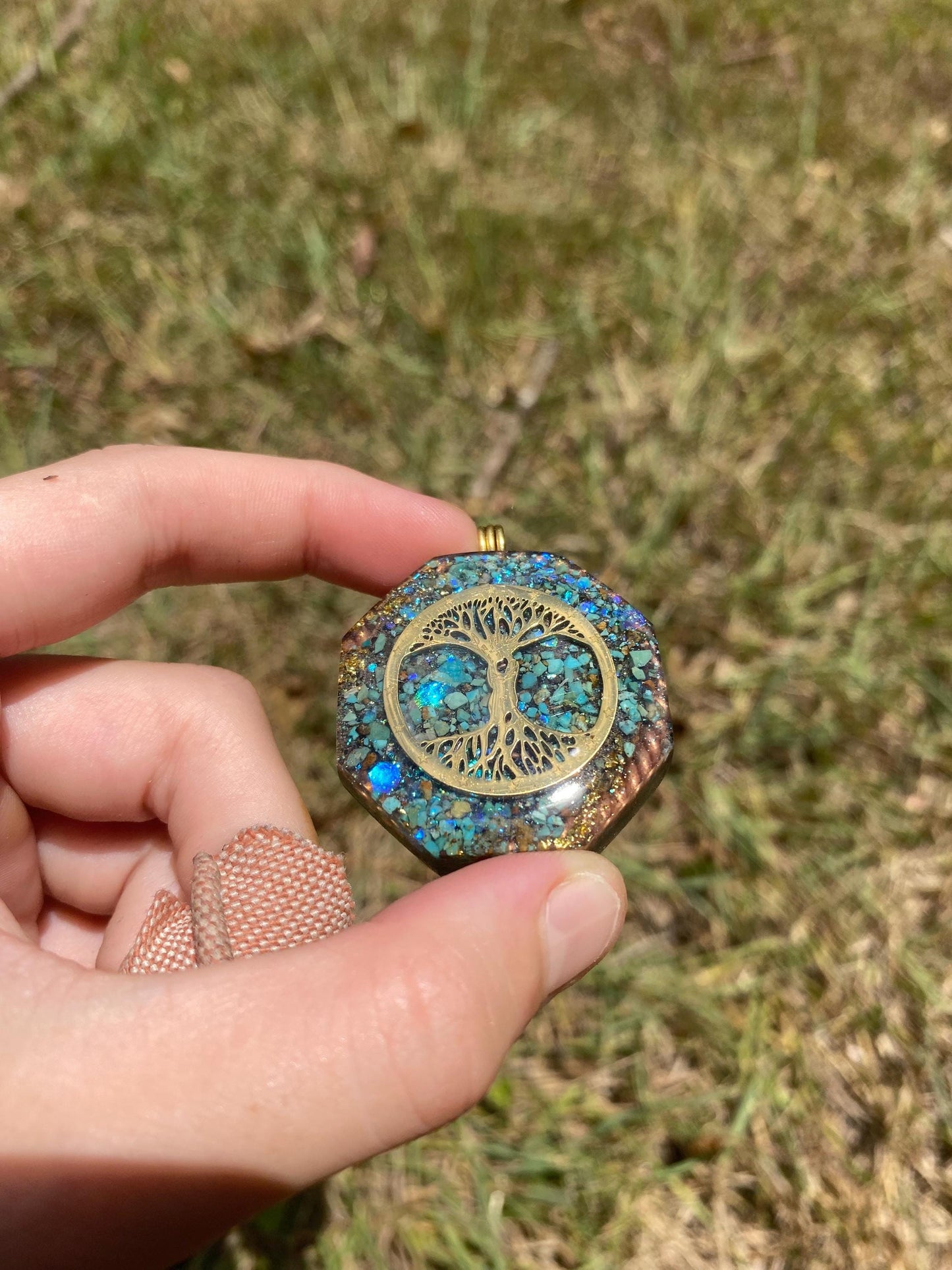 Tree of Life, Orgone Pendant Necklace. Made w Elite Shungite, 25 ct Gold and Turquoise. Tensor Ring. Powerful. EMF 5G Protection.