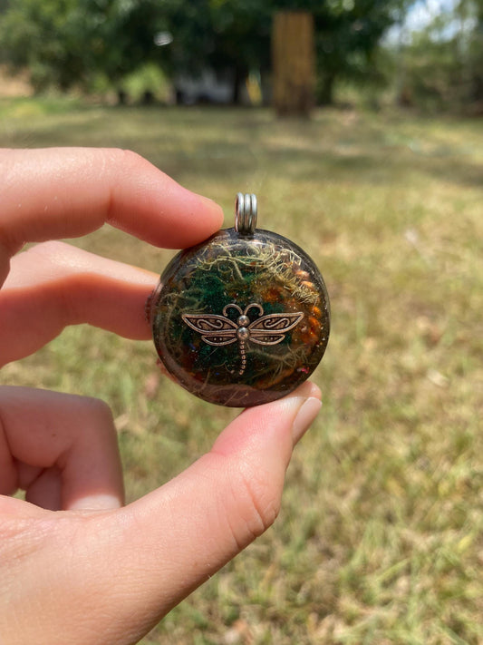 Dragonfly. Orgone Pendant Necklace. TENSOR RING. Elite Shungite, Carnelian, Lichen. 4G and 5G Protection.