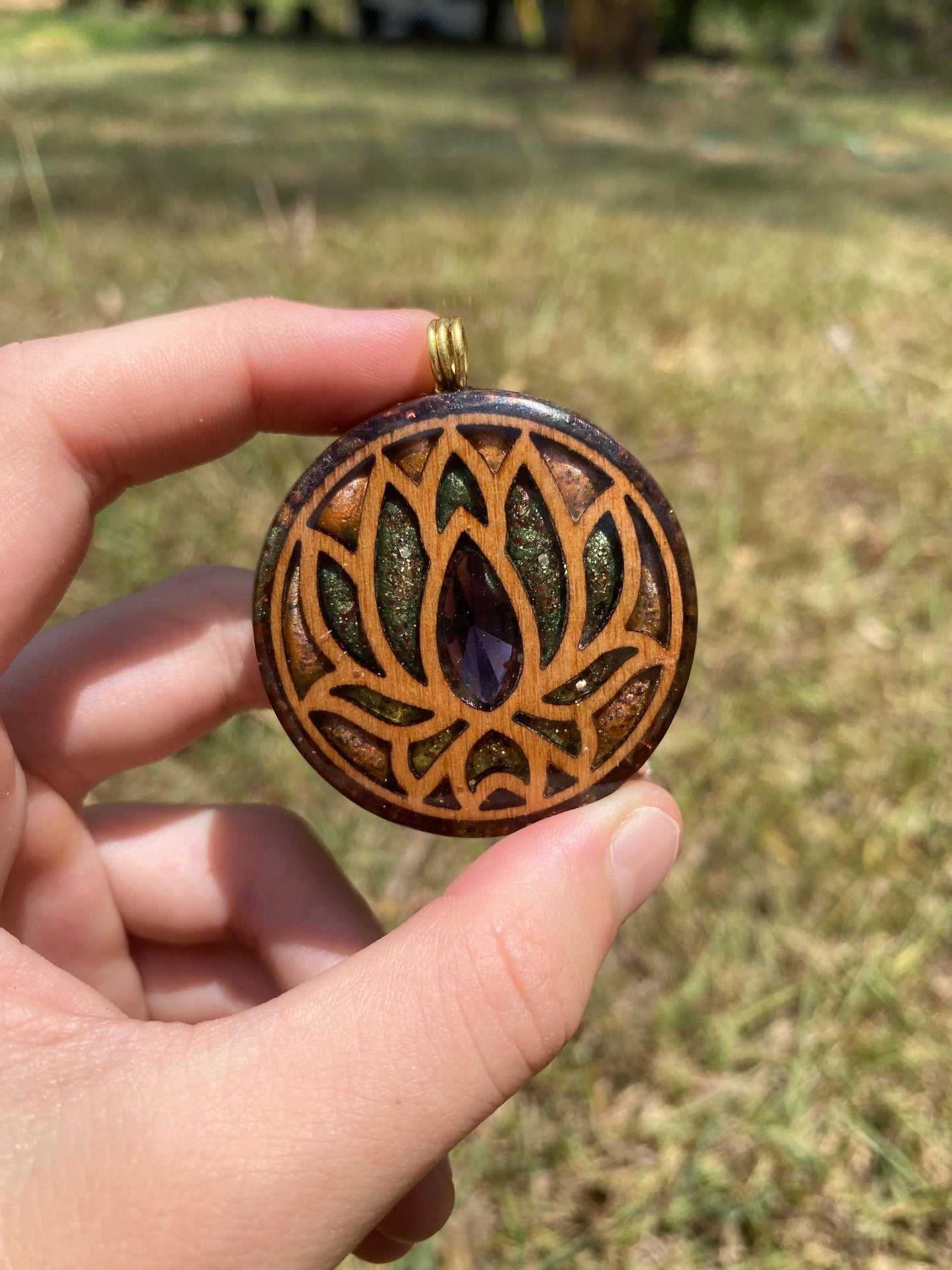 Lotus Orgone Pendant Necklace. Made w Elite Shungite, Red Tigers Eye. Powerful. EMF Protection. 5G Protection. TENSOR RING
