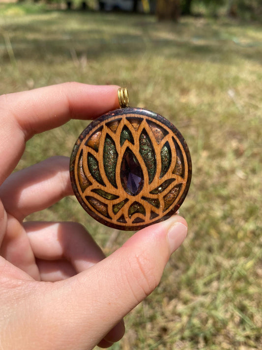 Lotus Orgone Pendant Necklace. Made w Elite Shungite, Red Tigers Eye. Powerful. EMF Protection. 5G Protection. TENSOR RING