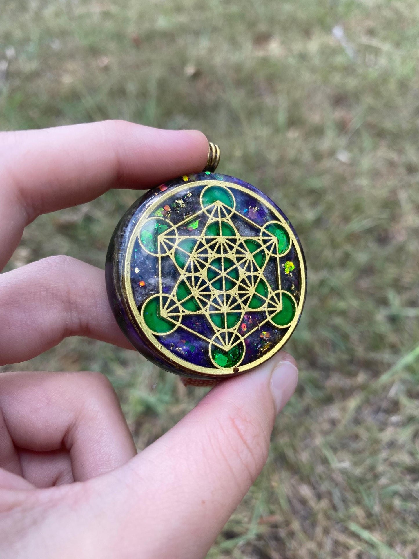 Metatrons Cube, Orgonite Pendant: Shungite, Amethyst, Tensor Ring EMF Protection