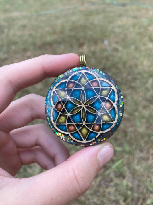 Seed of life/ Merkaba, Orgonite Pendant: Shungite, Optical Calcite, Tensor Ring EMF Protection