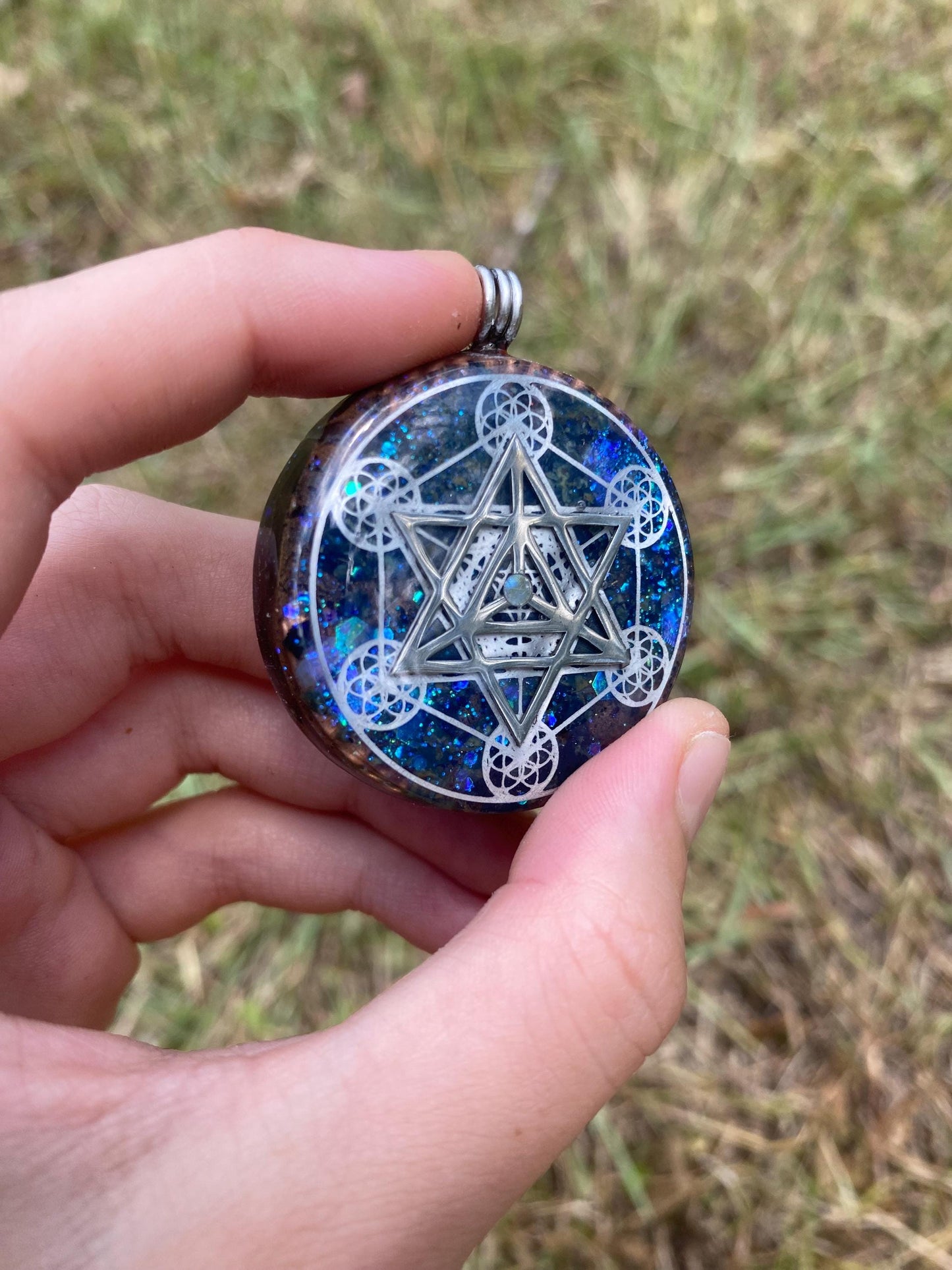 Merkaba/Metatrons Cube, Orgonite Pendant: Shungite, Kambaba jasper, Tensor Ring EMF Protection