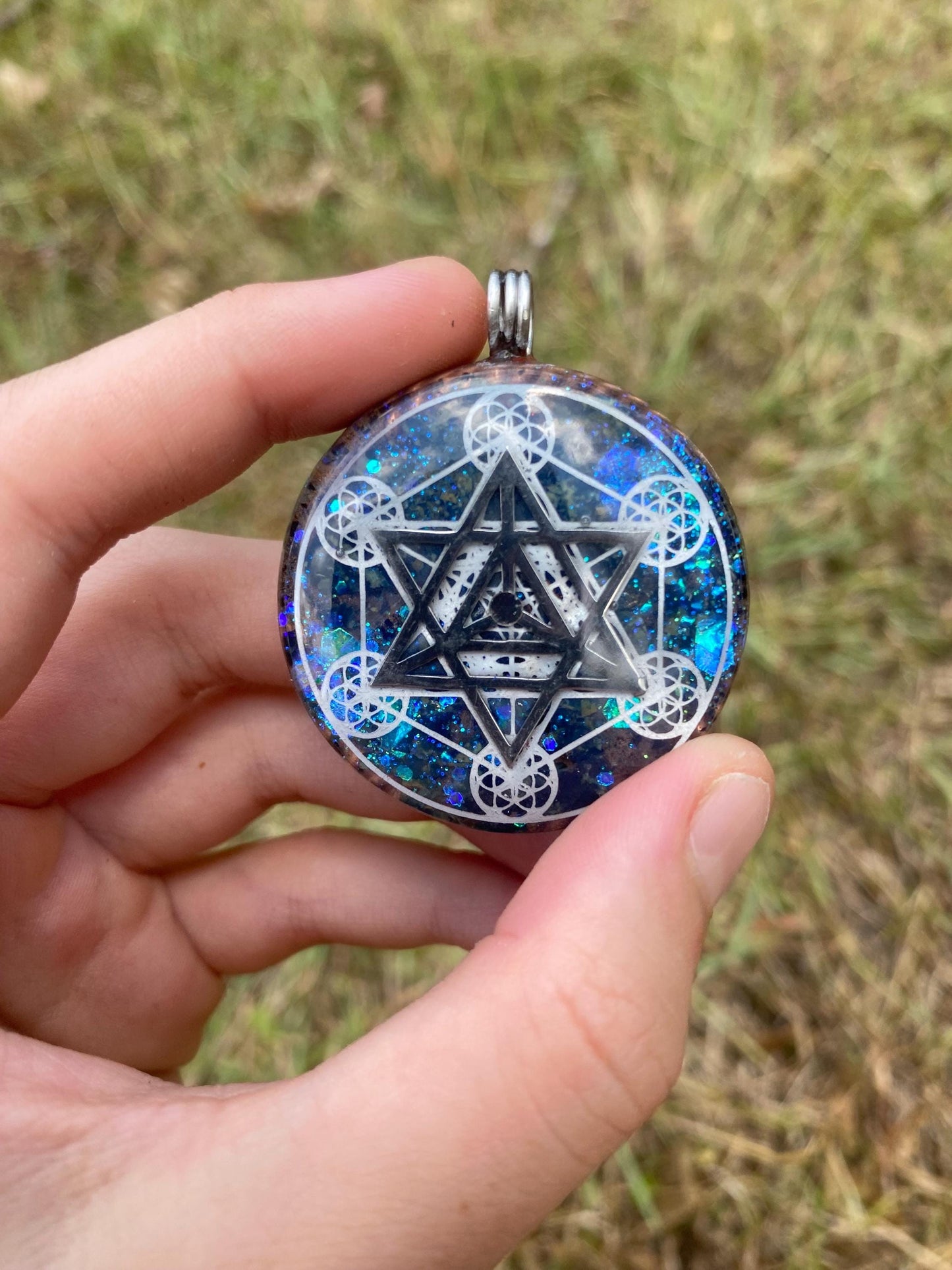 Merkaba/Metatrons Cube, Orgonite Pendant: Shungite, Kambaba jasper, Tensor Ring EMF Protection