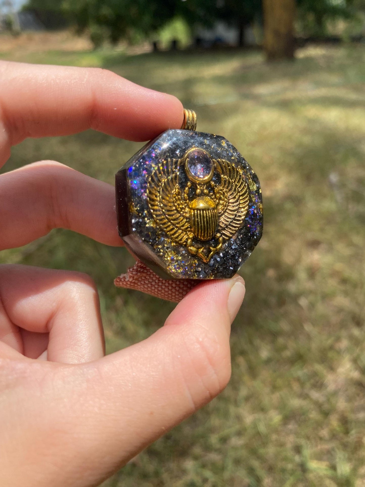 Scarab, Orgone Pendant Necklace. Made w Elite Shungite, 24ct gold & Galena. Powerful. EMF Protection. 5G Protection. TENSOR RING