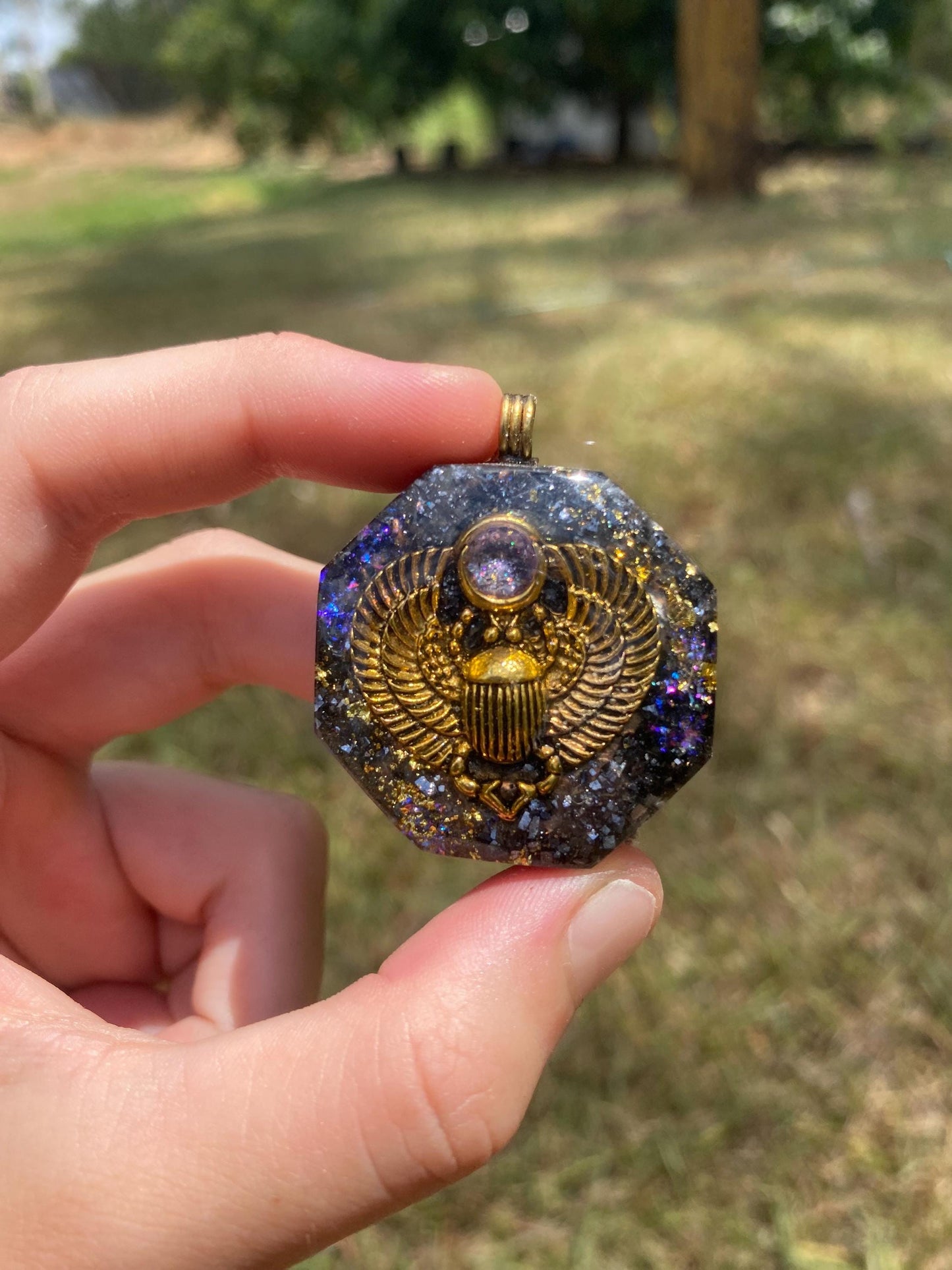 Scarab, Orgone Pendant Necklace. Made w Elite Shungite, 24ct gold & Galena. Powerful. EMF Protection. 5G Protection. TENSOR RING