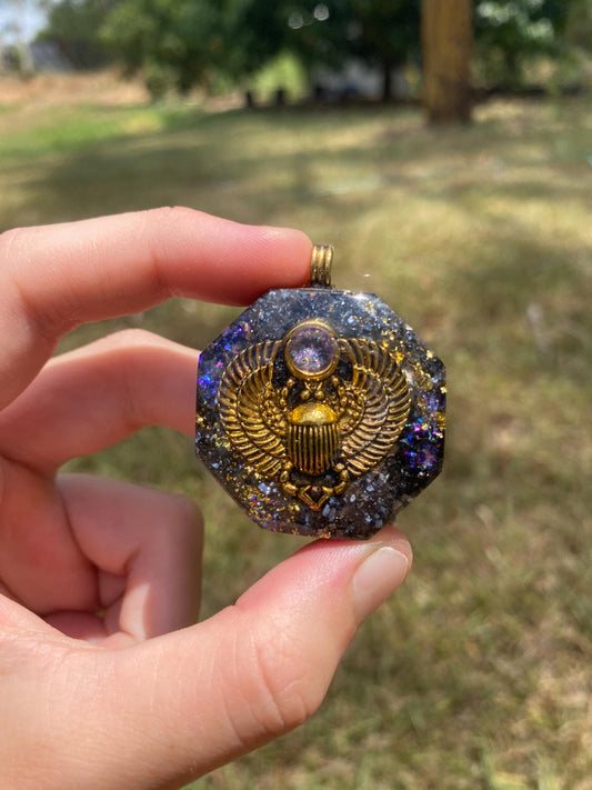 Scarab, Orgone Pendant Necklace. Made w Elite Shungite, 24ct gold & Galena. Powerful. EMF Protection. 5G Protection. TENSOR RING