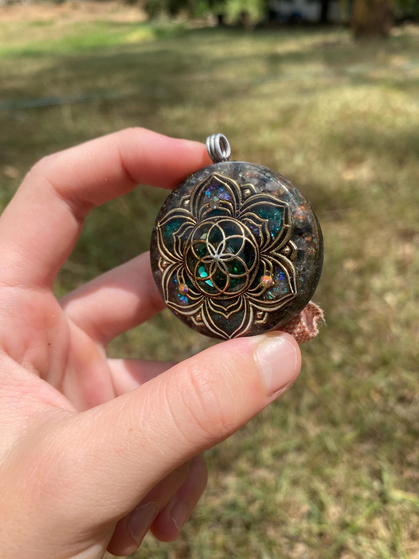 Seed of Life Mandala. Orgone Pendant Necklace. Made w Elite Shungite, Moss Agate. Powerful. EMF Protection. 5G Protection. TENSOR RING.