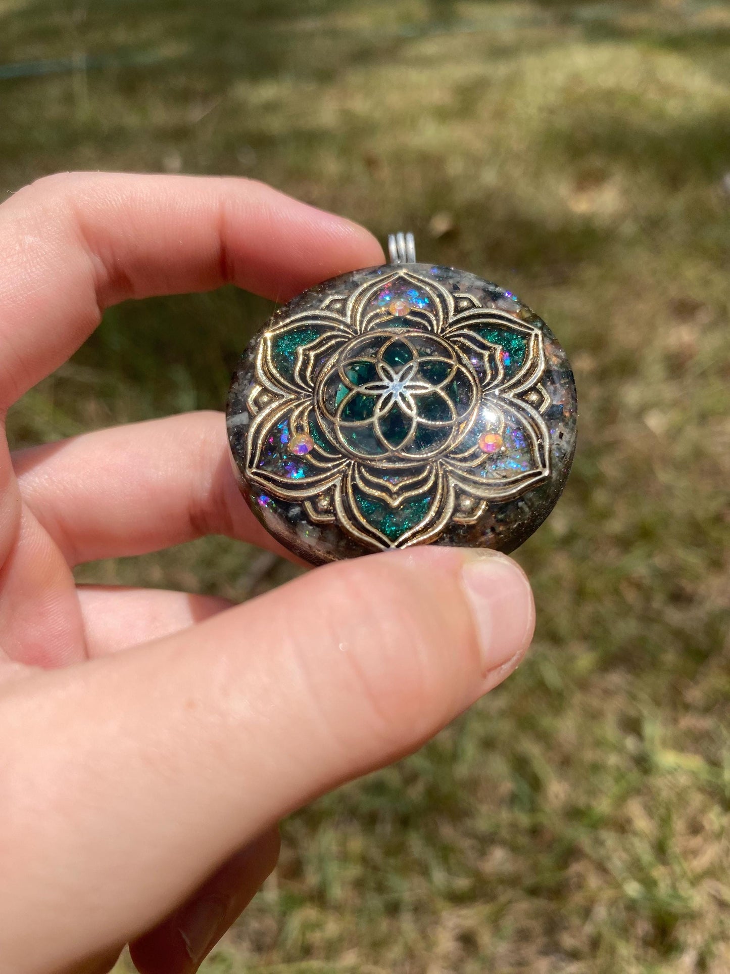 Seed of Life Mandala. Orgone Pendant Necklace. Made w Elite Shungite, Moss Agate. Powerful. EMF Protection. 5G Protection. TENSOR RING.