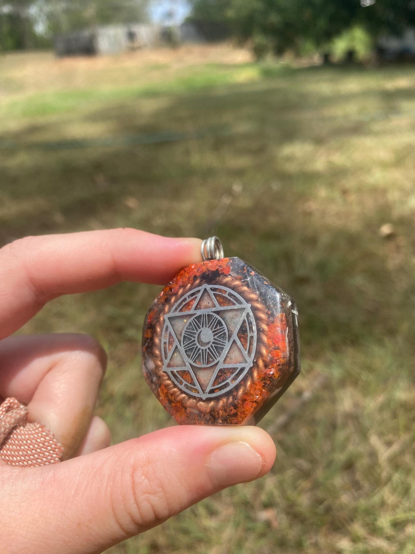 Merkaba. Orgone Pendant Necklace. Made w Elite Shungite, Crocoite and Tensor Ring. Powerful. EMF Protection.