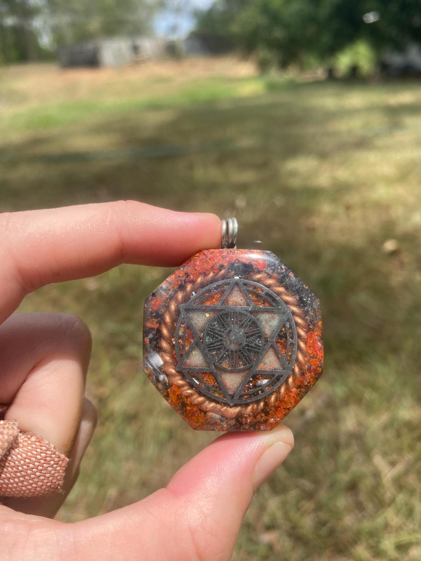 Merkaba. Orgone Pendant Necklace. Made w Elite Shungite, Crocoite and Tensor Ring. Powerful. EMF Protection.