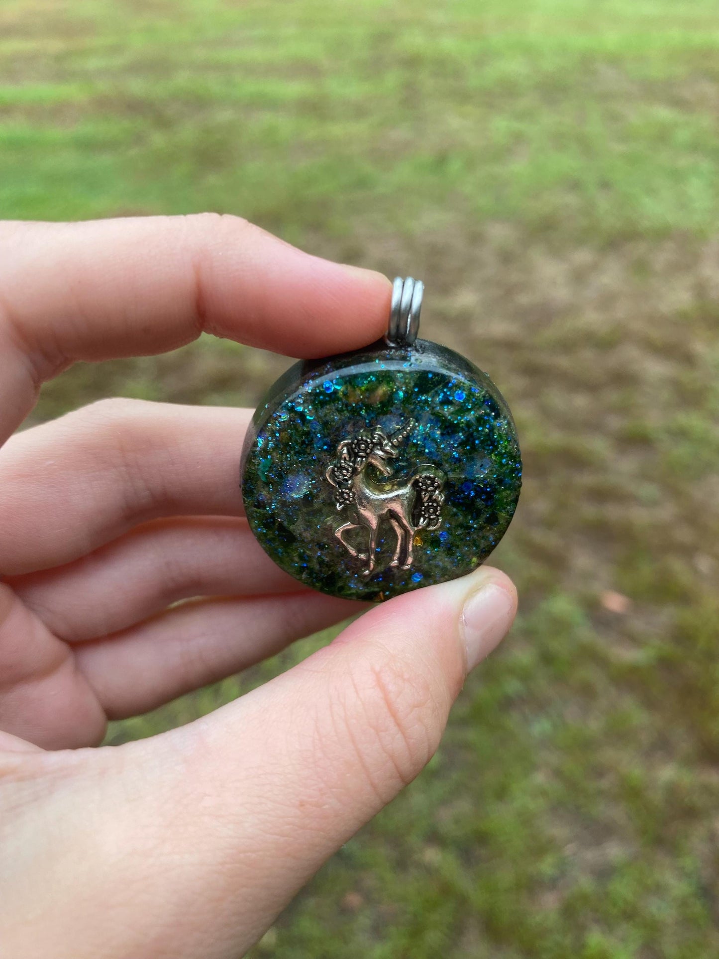 Unicorn. Orgone Pendant Necklace. Made w Elite Shungite, Selenite, 24ct Gold & Green Goldstone. Powerful. EMF Protection.