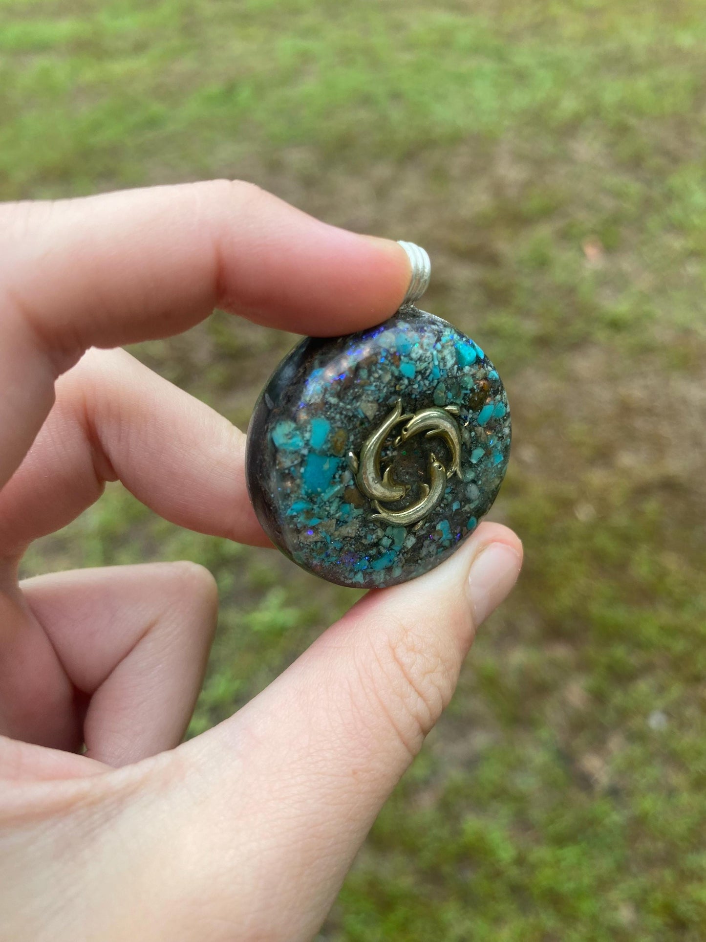 Dolphin Orgone Pendant Necklace. Made w Elite Shungite and Turquoise. Tensor Ring. Powerful. EMF 5G Protection.