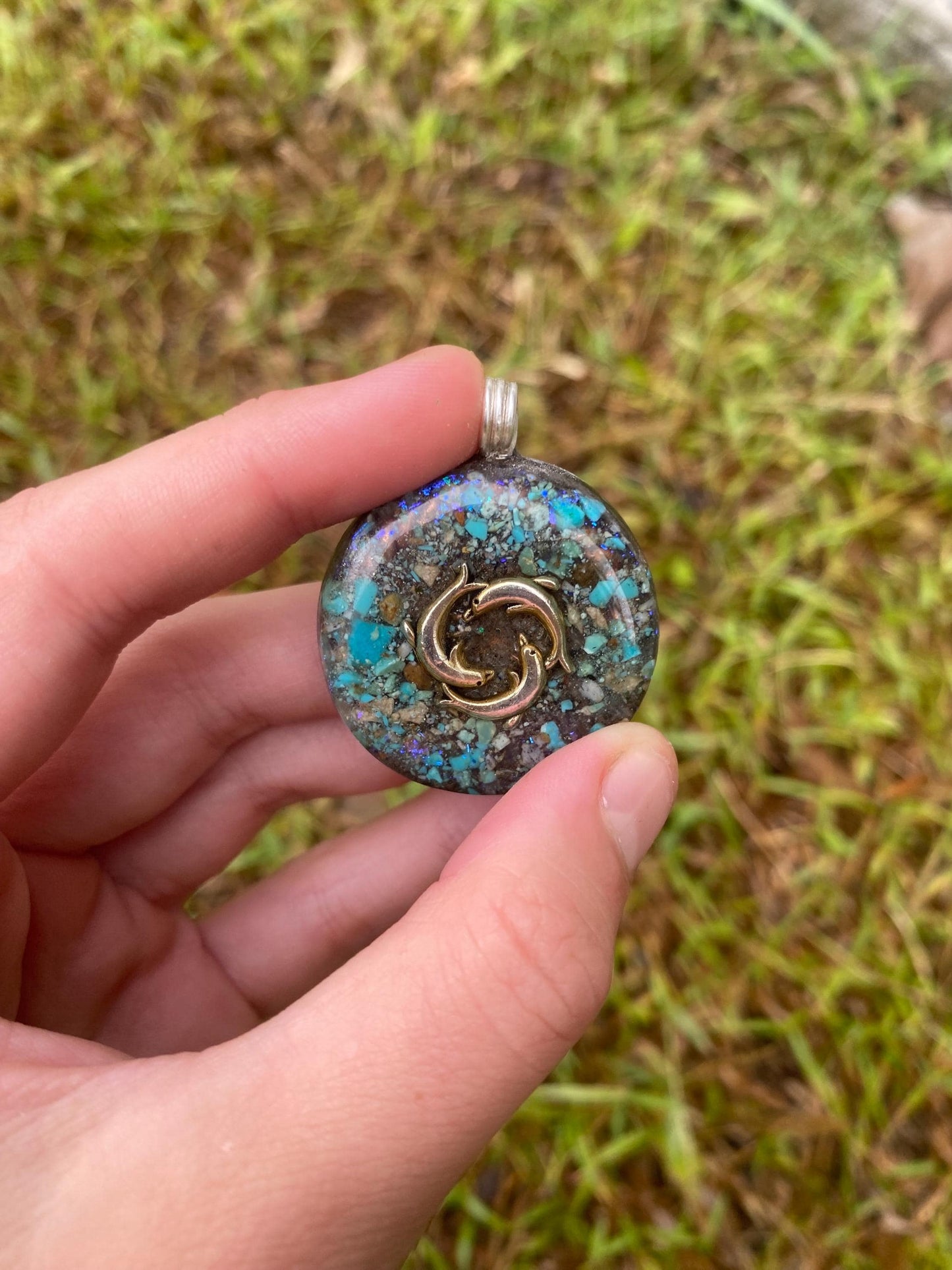 Dolphin Orgone Pendant Necklace. Made w Elite Shungite and Turquoise. Tensor Ring. Powerful. EMF 5G Protection.