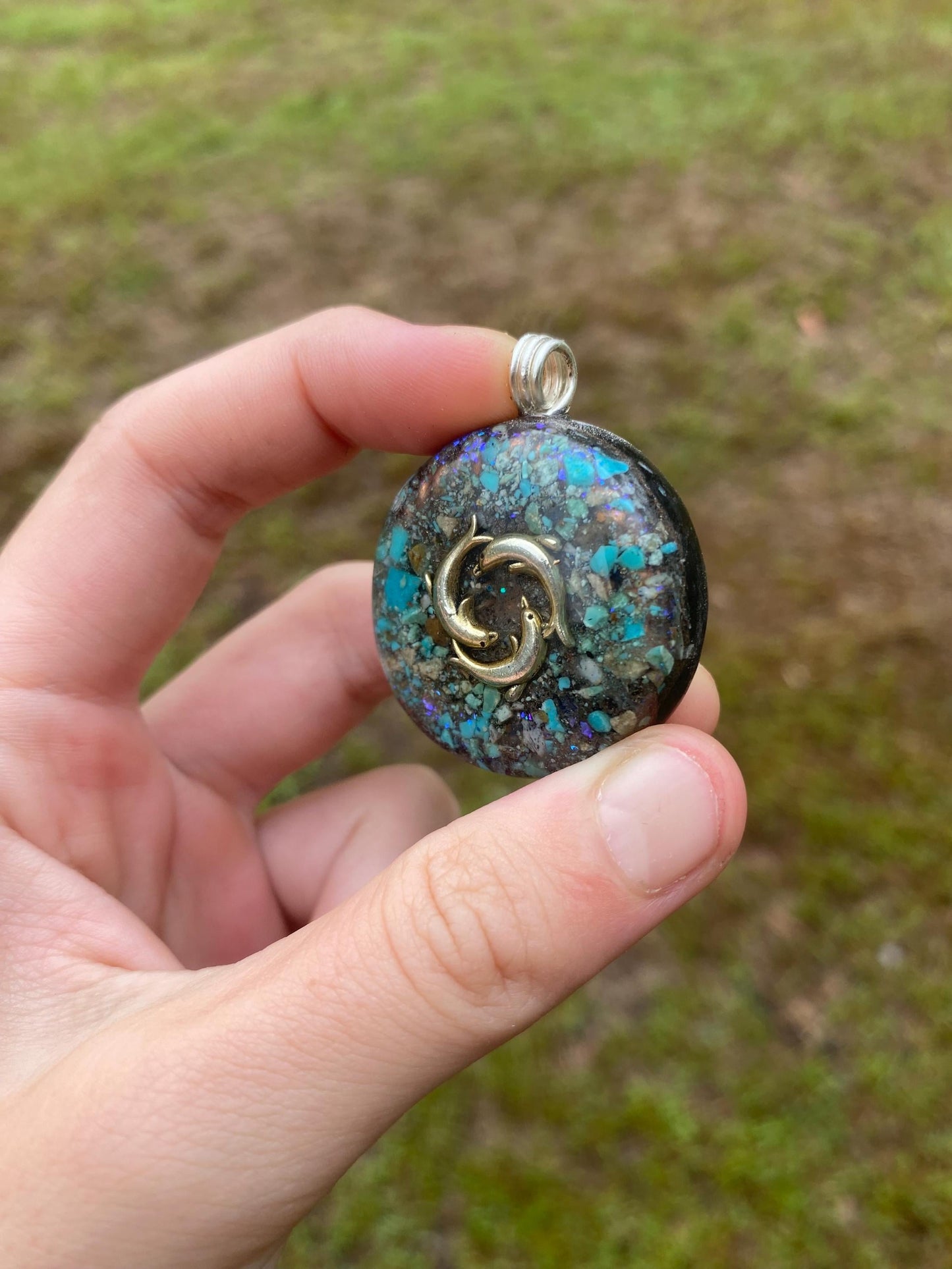 Dolphin Orgone Pendant Necklace. Made w Elite Shungite and Turquoise. Tensor Ring. Powerful. EMF 5G Protection.