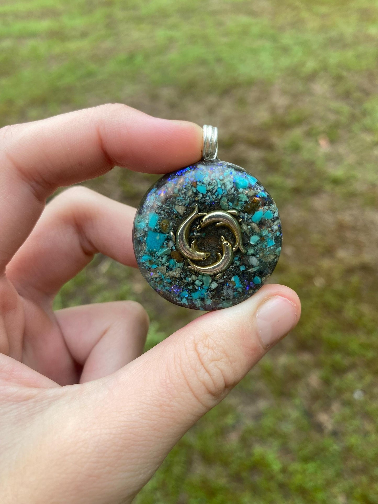 Dolphin Orgone Pendant Necklace. Made w Elite Shungite and Turquoise. Tensor Ring. Powerful. EMF 5G Protection.